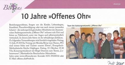 10 Jahre Offenes Ohr - Zabergäu Leintal Anzeiger Juli 2018