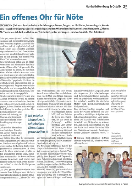 Ein offenes Ohr für Nöte. Evangelisches Gemeindeblatt 2/2017